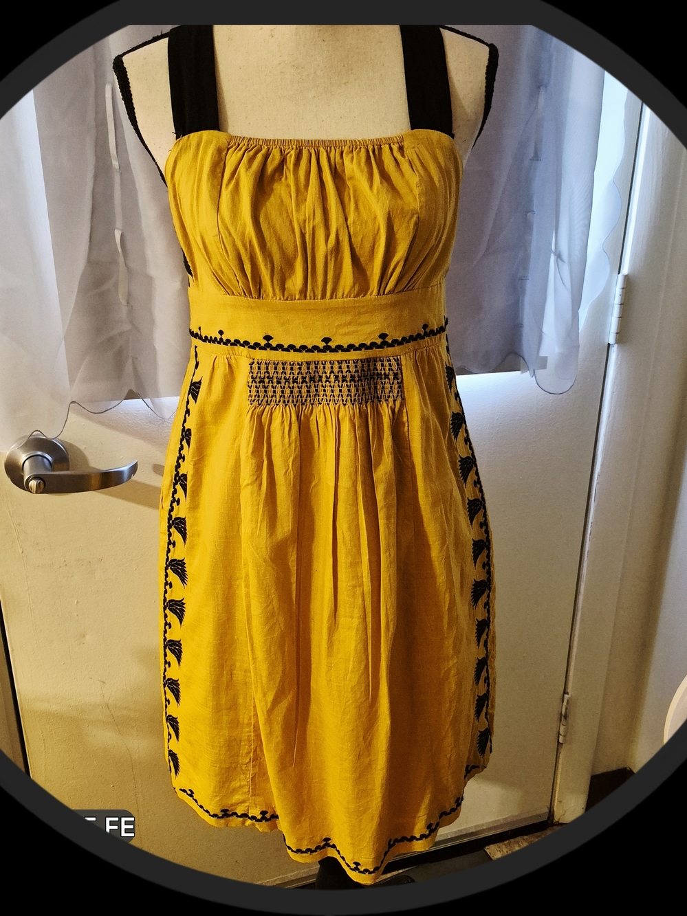 Floreat Yellow Mustard & Black Geometric Embroidered Floral Cross Back Sundress